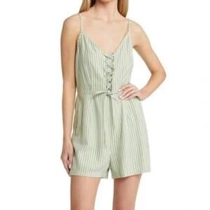 Vero Moda Sleeveless Linen Blend Lace Up Romper Green White Stripe Large/XL NWT